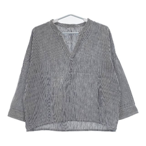 Bisque by nest Robe 03121-3016 ストライプ リネン プルオーバー ブラウス シャツ ホワイト ネイビー レディース ビスク バイ ネストローブ【中古】5-0619M∞