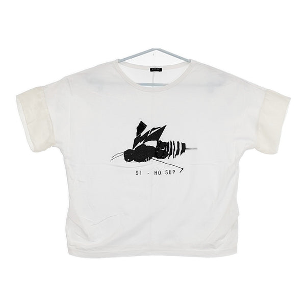 SI-HO SUP プリント フリル袖 スパンコール ビーズ ラメ 蜂 SC-515 半袖Ｔシャツ カットソー ホワイト ブラック レディース シーホースプ【中古】5-0617S△