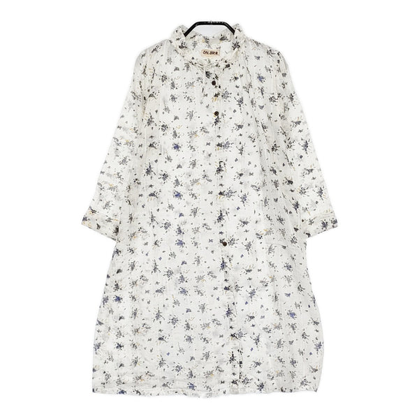 Caliner シャツワンピ 花柄 インド製 リボン チュニック ワンピース ホワイト ネイビー レディース カリネ【中古】5-0805M♪