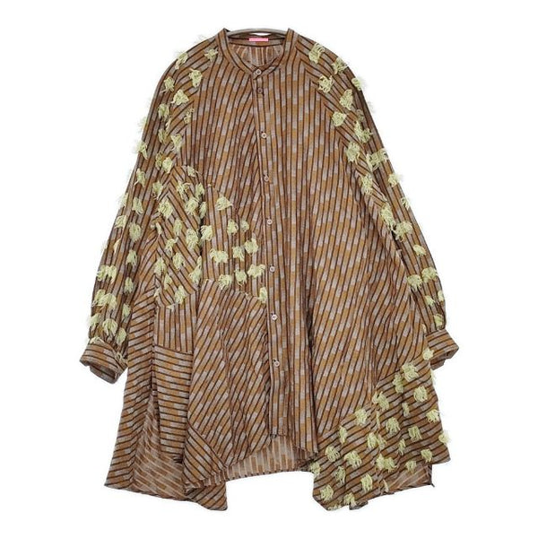POLS ポルス 丸萬 ジャガード フリンジ チュニック ブラウス シャツ ブラウン グレー レディース【中古】5-1106M∞