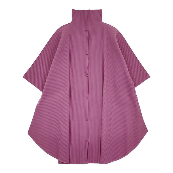 me ISSEY MIYAKE プリーツシャツ MI14KJ924 チュニック スタンドカラー 半袖シャツ ピンク レディース ミー イッセイミヤケ【中古】5-0514S♪