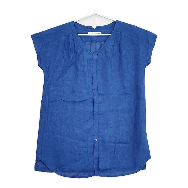 PLEATS PLEASE ISSEY MIYAKE リネン チュニック 半袖 ブラウス シャツ ブルー レディース プリーツプリーズ【中古】5-0617S△