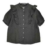 MAGALI ファナージュリネン・サイドフリルブラウス 定価18000円 ブラウス シャツ チャコールグレー レディース マガリ【中古】5-0613S♪