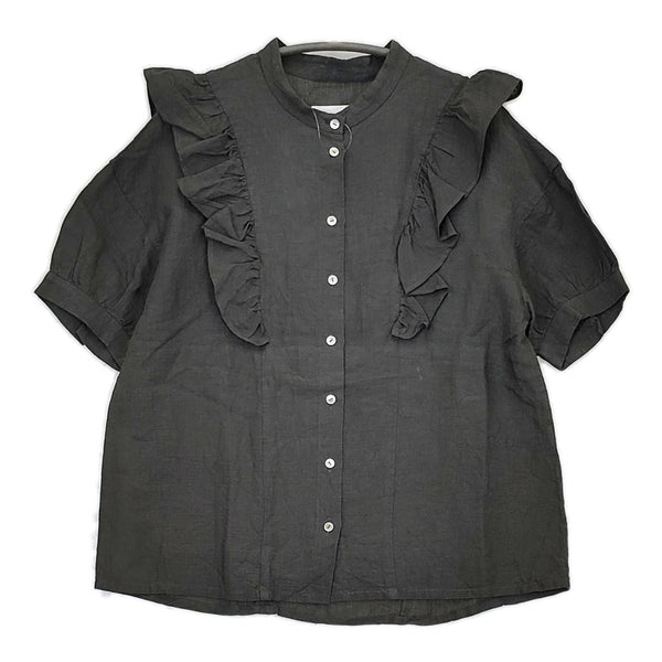MAGALI ファナージュリネン・サイドフリルブラウス 定価18000円 ブラウス シャツ チャコールグレー レディース マガリ【中古】5-0613S♪