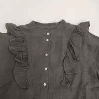 MAGALI ファナージュリネン・サイドフリルブラウス 定価18000円 ブラウス シャツ チャコールグレー レディース マガリ【中古】5-0613S♪