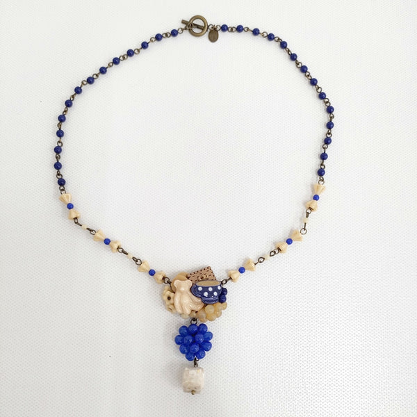 Kanami bijoux ティーカップ クマさん ガラス ネックレス ブルー ベージュ レディース カナミビジュー【中古】5-0531G♪