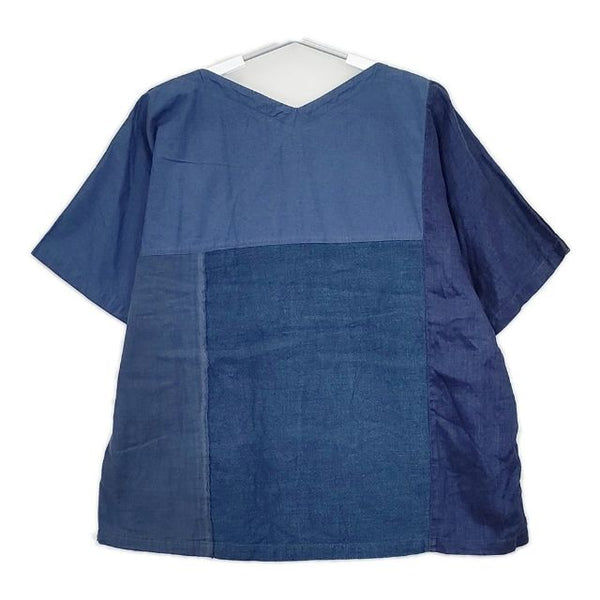 リップル洋品店 パッチワーク ezu 半袖 ブラウス シャツ ブルー ネイビー ブラック レディース【中古】5-0803S∞