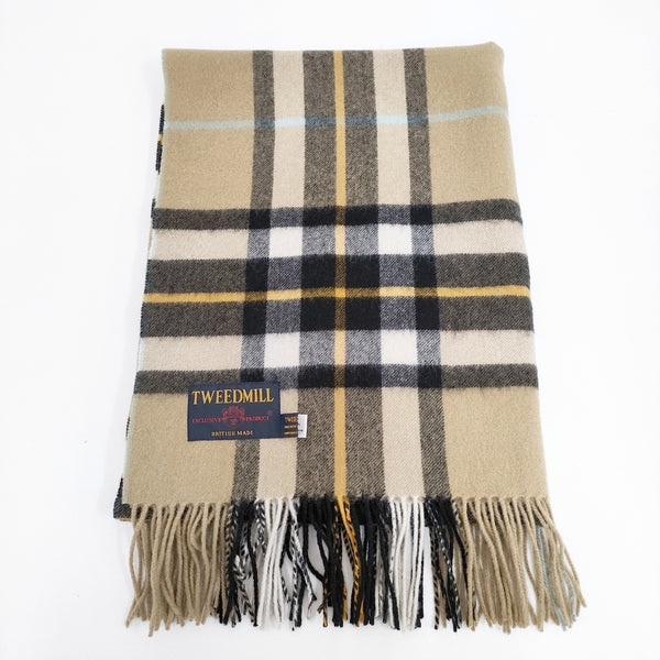 TWEEDMILL イギリス製 ウール マフラー ストール 大判 フリンジ チェック ストール ベージュ ブラック レディース ツイードミル【中古】5-1006T◎