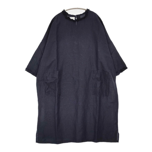 (g) リネン混 フリル ガーゼ ドロップショルダー ワンピース ネイビー レディース グラム【中古】5-0622S♪