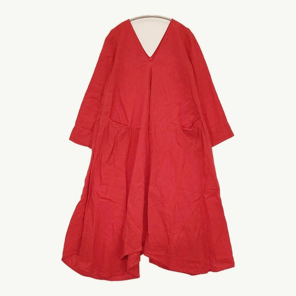 HALLELUJAH 小間使いローブ サイズ38 リネン Vネック ワンピース レッド レディース ハレルヤ【中古】5-0603M♪