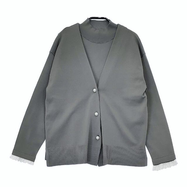 組曲 パールボタン配色フリルツイン セット カーディガン アンサンブル グレー レディース クミキョク【中古】5-0807M∞
