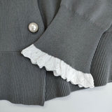 組曲 パールボタン配色フリルツイン セット カーディガン アンサンブル グレー レディース クミキョク【中古】5-0807M∞