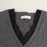 La TOTALITE 片畔レースVネックプルオーバー セーター ニット グレー ブラック レディース ラトータリテ【中古】5-1019T∞