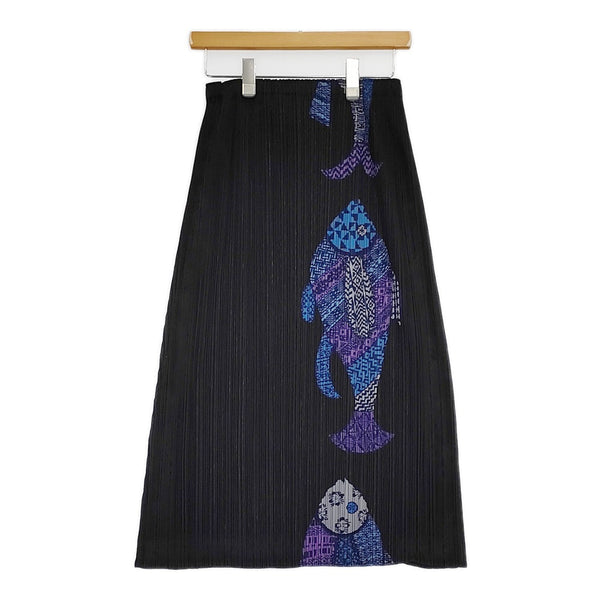 PLEATS PLEASE ISSEY MIYAKE フィッシュプリント プリーツスカート PP33-JG635 ロング ブラック レディース プリーツプリーズ【中古】5-0614M♪