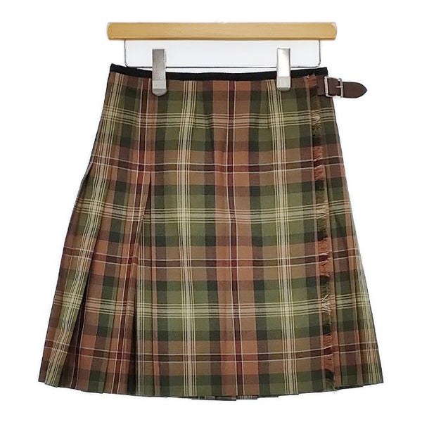 MHL. スコットランド製 チェック ラップ プリーツ 578-232270 ウール スカート カーキ ブラウン レディース エムエイチエル【中古】5-1030T∞