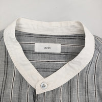 prit リネン ストライプ バンドカラー ブラウス シャツ ブルーグレー ブラック レディース プリット【中古】5-0704S♪