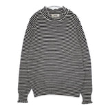 tumugu TK19303a ランダムリブニットフリルハイネック ボーダー コットン セーター ニット ブラック ホワイト レディース ツムグ【中古】5-1129M∞