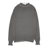 tumugu TK19303a ランダムリブニットフリルハイネック ボーダー コットン セーター ニット ブラック ホワイト レディース ツムグ【中古】5-1129M∞