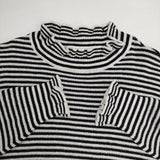 tumugu TK19303a ランダムリブニットフリルハイネック ボーダー コットン セーター ニット ブラック ホワイト レディース ツムグ【中古】5-1129M∞