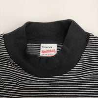 Healthknit モックネック ボーダー サイズM 半袖Ｔシャツ カットソー ブラック ホワイト レディース ヘルスニット【中古】5-0725S♪