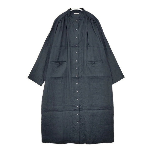 fog linen work リトアニア製リネン コートワンピース 長袖 ギャザー ワンピース ネイビー レディース フォグリネンワーク【中古】5-0812M△