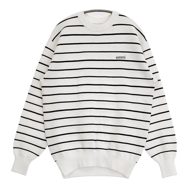 emmi 10th emmiロゴミラノリブトップス 定価15400円 ボーダー コットン ニット 25SS ホワイト ブラック レディース エミ【中古】5-0718M♪