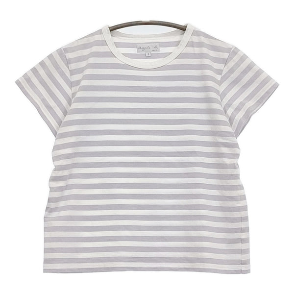 agnes b. 2653J008 サイズ2 コットン ボーダー 半袖Ｔシャツ カットソー ラベンダー ホワイト レディース アニエスベー【中古】5-0725S♪