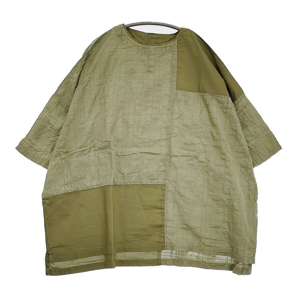 pas a pas コットン チェック パッチワーク ドロップショルダー ブラウス シャツ カーキ レディース パスアパス【中古】5-0725S♪