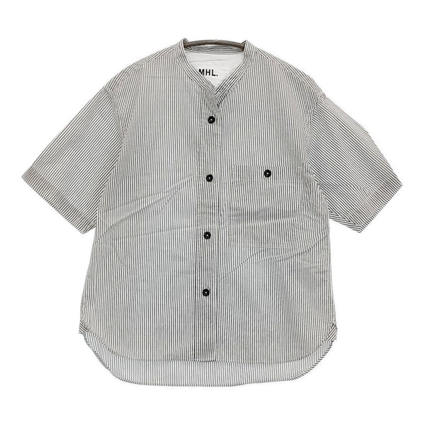 MHL. COTTON LINEN STRIPE 595-2152505 サイズ1 定価18700円 ストライプ 半袖シャツ ホワイト グレー レディース エムエイチエル【中古】5-0806S♪