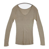 GALERIE VIE ギザコットンリブ Vネックプルオーバー 長袖Ｔシャツ カットソー ロンＴ グレージュ レディース ギャルリーヴィー【中古】5-1109M∞