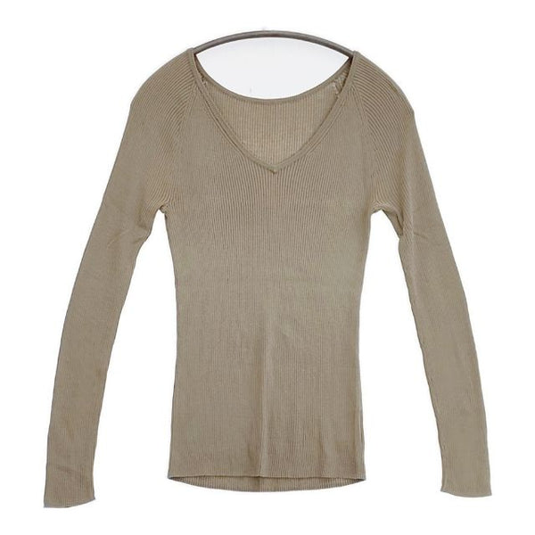 GALERIE VIE ギザコットンリブ Vネックプルオーバー 長袖Ｔシャツ カットソー ロンＴ グレージュ レディース ギャルリーヴィー【中古】5-1109M∞