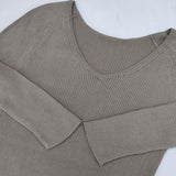 GALERIE VIE ギザコットンリブ Vネックプルオーバー 長袖Ｔシャツ カットソー ロンＴ グレージュ レディース ギャルリーヴィー【中古】5-1109M∞