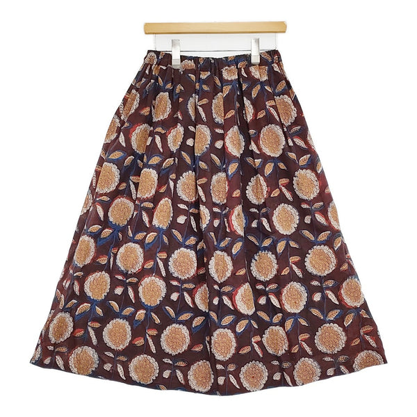 Lulu 新品 ハンドウッドプリント PUSHPA 中村起久子 ギャザー ロングスカート 25SS ワインレッド レディース ルル【中古】5-0731M♪
