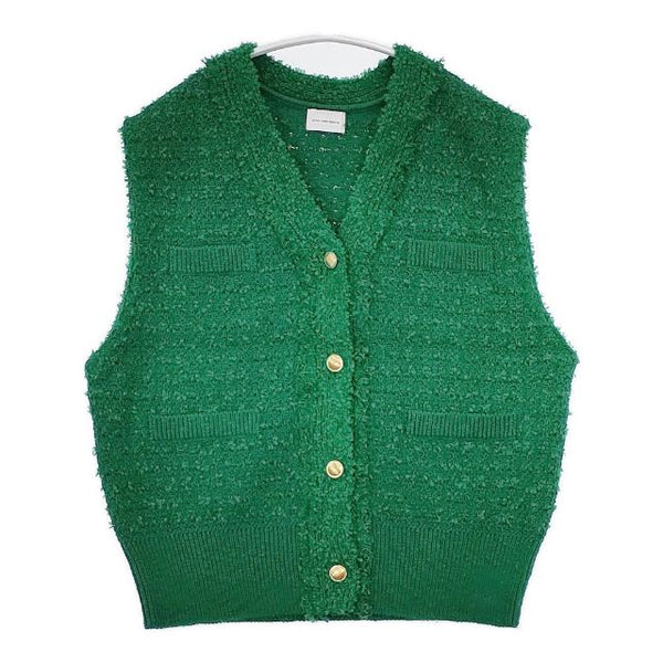 green label relaxing フリンジツイード Vネック ニット 定価9900円 ベスト グリーン レディース グリーンレーベルリラクシング【中古】5-1022M∞