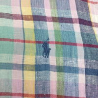 RALPH LAUREN リネン マドラスチェック ボタンダウンシャツ サイズS インド製 半袖 ライトブルー レディース ラルフローレン【中古】5-0809S♪