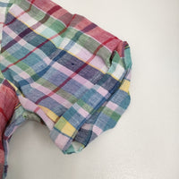 RALPH LAUREN リネン マドラスチェック ボタンダウンシャツ サイズS インド製 半袖 ライトブルー レディース ラルフローレン【中古】5-0809S♪