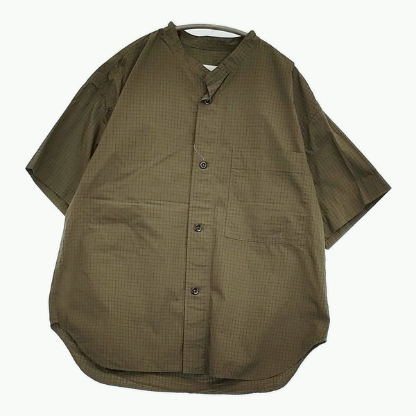MHL. 596-2150550 サイズS チェック コットン バンドカラー 半袖シャツ 22SS カーキ メンズ エムエイチエル【中古】5-0806S♪