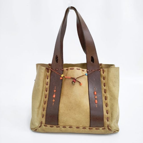 HENRY CUIR ビーズ レザー トートバッグ ベージュ系 レディース アンリークイール【中古】5-1015G∞