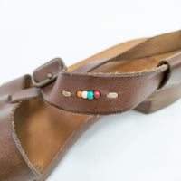 HENRY CUIR レザー ベルト 7 ビーズ装飾 サンダル ブラウン レディース アンリークイール【中古】5-0802S◎