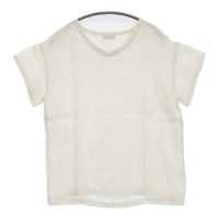 fog linen work リネン Vネック ストライプ 半袖Ｔシャツ カットソー ライトベージュ レディース フォグリネンワーク【中古】5-0809S♪