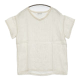 fog linen work リネン Vネック ストライプ 半袖Ｔシャツ カットソー ライトベージュ レディース フォグリネンワーク【中古】5-0809S♪