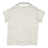 fog linen work リネン Vネック ストライプ 半袖Ｔシャツ カットソー ライトベージュ レディース フォグリネンワーク【中古】5-0809S♪