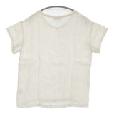 fog linen work リネン Vネック ストライプ 半袖Ｔシャツ カットソー ライトベージュ レディース フォグリネンワーク【中古】5-0809S♪