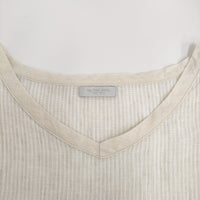 fog linen work リネン Vネック ストライプ 半袖Ｔシャツ カットソー ライトベージュ レディース フォグリネンワーク【中古】5-0809S♪
