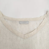 fog linen work リネン Vネック ストライプ 半袖Ｔシャツ カットソー ライトベージュ レディース フォグリネンワーク【中古】5-0809S♪