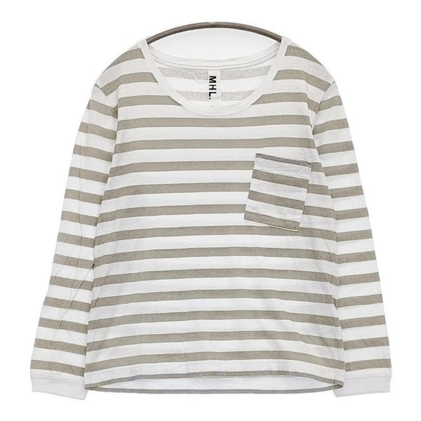 MHL. 595-169378 コットン ポケット ボーダー 長袖Ｔシャツ カットソー ロンＴ ホワイト ベージュ レディース エムエイチエル【中古】5-1103M∞