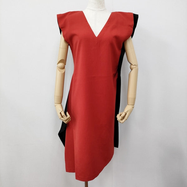 ISSEY MIYAKE ウール混 IL73FH332 サイズ3 バイカラー Vネック ワンピース レッド ブラック レディース イッセイミヤケ【中古】5-0731S♪