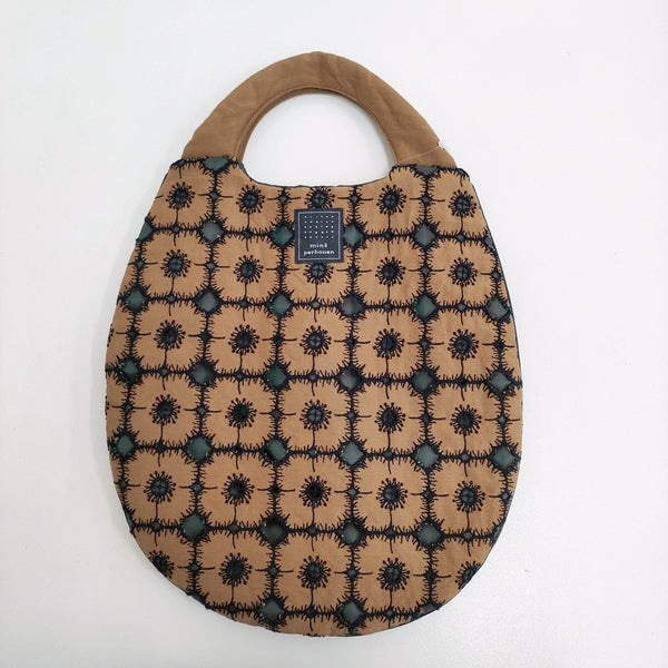 mina perhonen XS9441 anemone 刺繍 リネンシルク egg bag エッグバッグ トート ブラウン グリーン レディース ミナペルホネン【中古】5-0731G♪