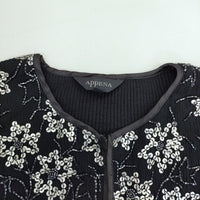 APPENA P14111 スパンコール 日本製 サイズ2 シルク カーディガン ネイビー シルバー レディース アペーナ【中古】5-1007T△