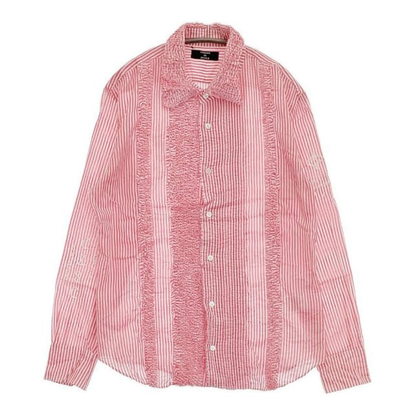 CABANE de ZUCCa 刺繍 フリル コットン ストライプ カットオフ 長袖シャツ ピンク ホワイト レディース カバンドズッカ【中古】5-1103M∞